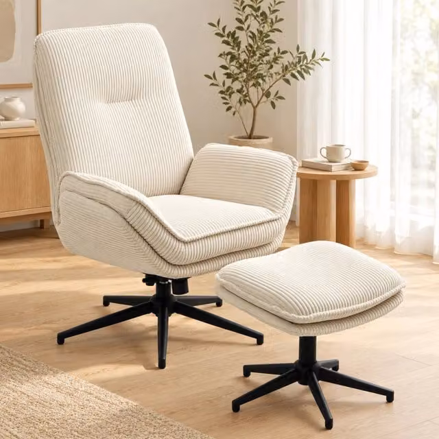 Poltrona relax con poggiapiedi girevole a 360° e reclinabile fino a 130° in poliestere beige