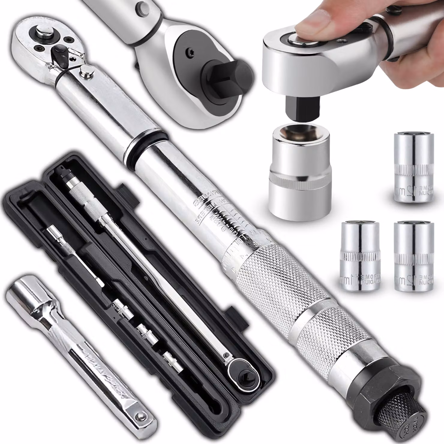 Chiave dinamometrica da 28-210 Nm - Set di serraggio - Bussole CrV da 17/19/21 mm - Manico regolabile - Robusta custodia - Guanti in nitrile - Set di serraggio