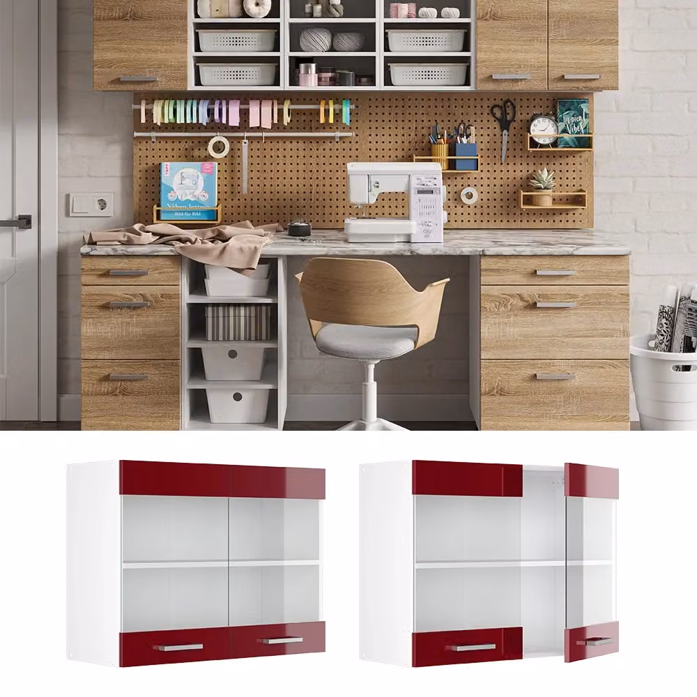 Pensile universale Vicco R-Line moderno con ante in vetro, bianco o rosso lucido, L: 80 cm, H: 60 cm, P: 31 cm – 2