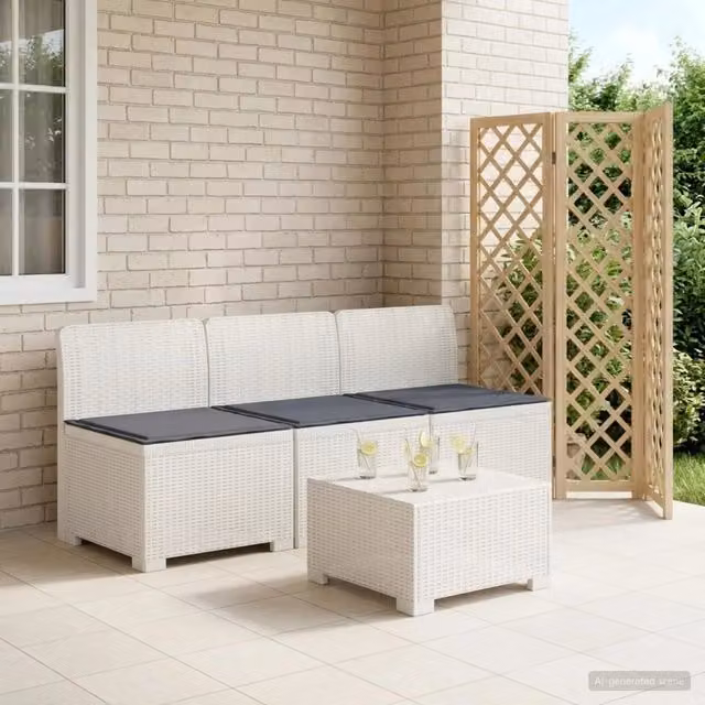 Divano da esterno-Divano da Giardino 3 posti con cuscini in look rattan PP Bianco 191676