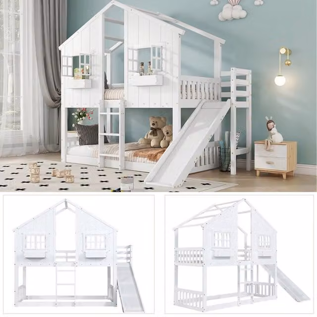 Letto a castello per bambini 90x200 cm con scivolo; tetto e finestre; scala a 3 gradini e protezione anticaduta