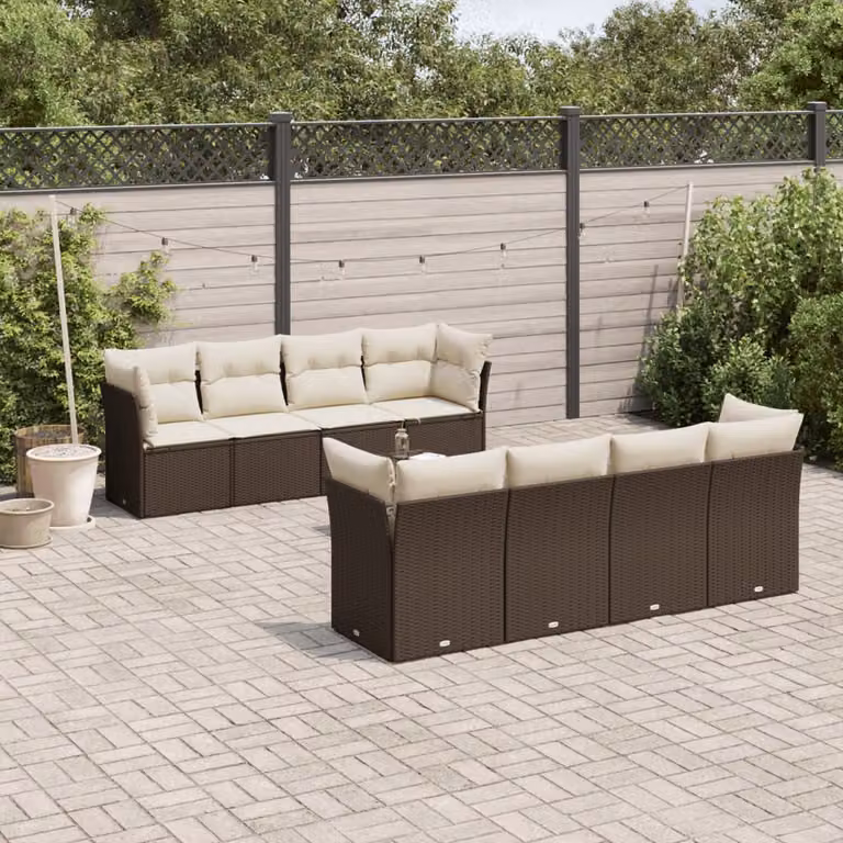 vidaXL Set Divani da Giardino a L con Tavolino da Esterno 9pz, Polyrattan e Acciaio, Marrone e Bianco