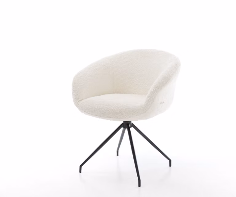 Sedia girevole DELIFE Vinka-Flex con braccioli, rivestita in tessuto bouclé bianco, struttura a croce nera, girevole a 180°, con molle insacchettate