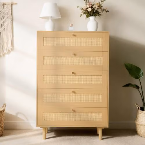 Credenza Vevor con Armadio in Rattan Intrecciato e 5 Cassetti, Mobiletto Moderno per Soggiorno, Camera da Letto o Corridoio, Colore Beige/Marrone, L/P/H: 70,2 x 40 x 106,5 cm
