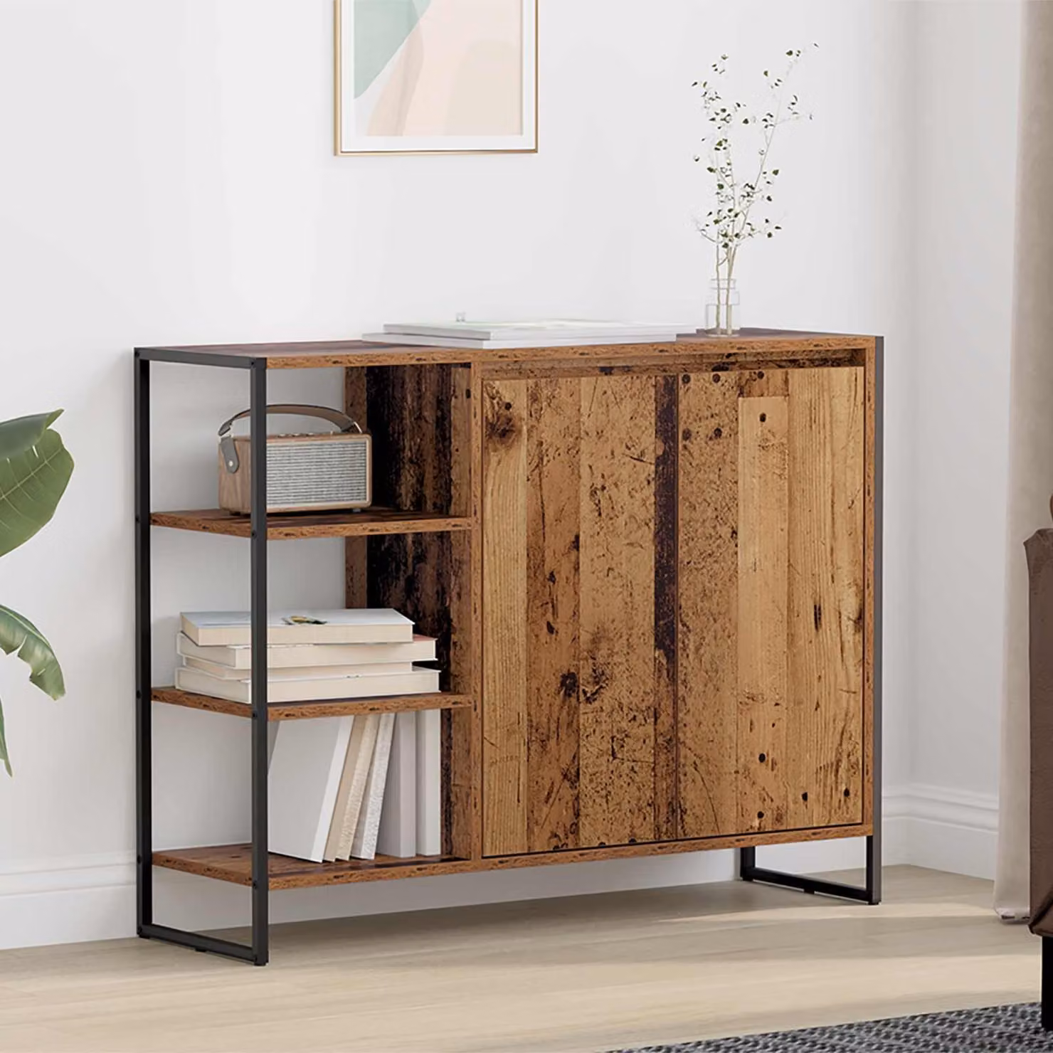 Mobile laterale in stile industrial vidaXL in legno vecchio e metallo, marrone, L 96.5 x P 30 x H 75 cm