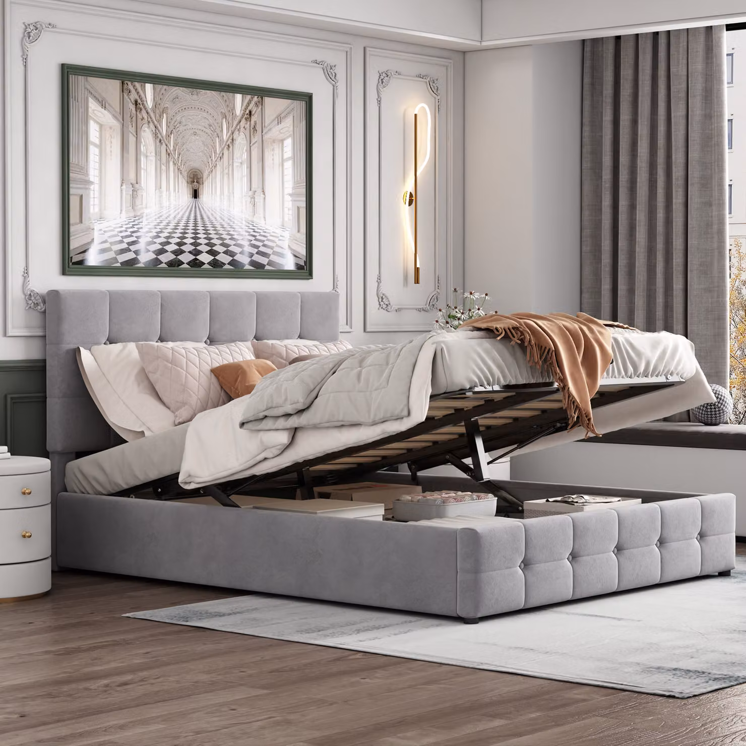 Letto Merax a molle idrauliche 140x200cm con rete e testata regolabile in altezza, letto imbottito con rete a doghe metalliche e contenitore, letto matrimoniale in velluto con contenitore, letto funzionale, grigio