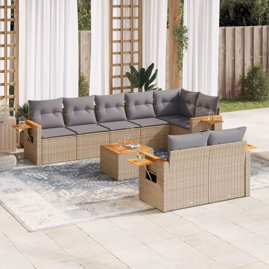 vidaXL Set Divano da Giardino a L 9 pz in Polyrattan con Cuscini Beige e Tavolino da Esterno – 1