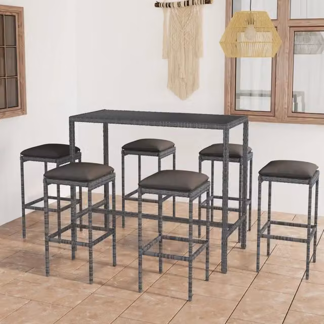 Set da Bar da Giardino 7 pz con Cuscini in Polyrattan Grigio 3064824