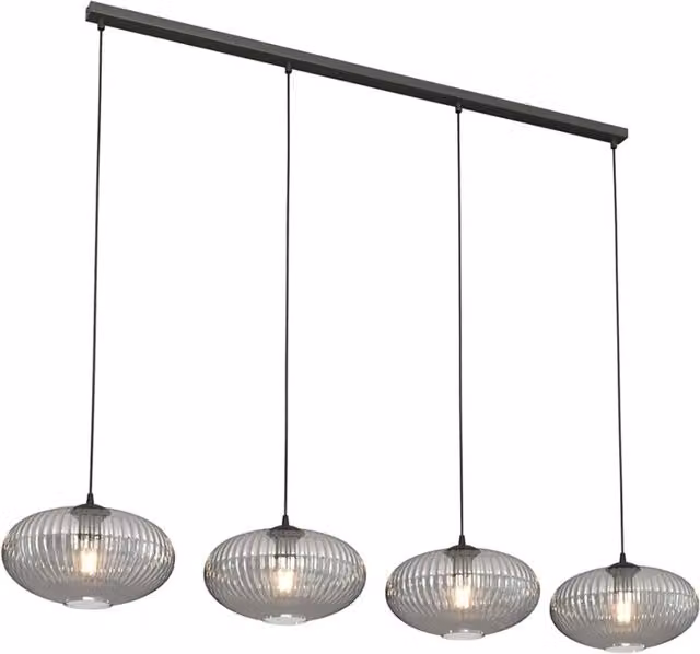 Lampadario a sospensione Suchos Luceart-Classic con 4 luci in acciaio nero e paralumi plissettati in vetro fumè grigio