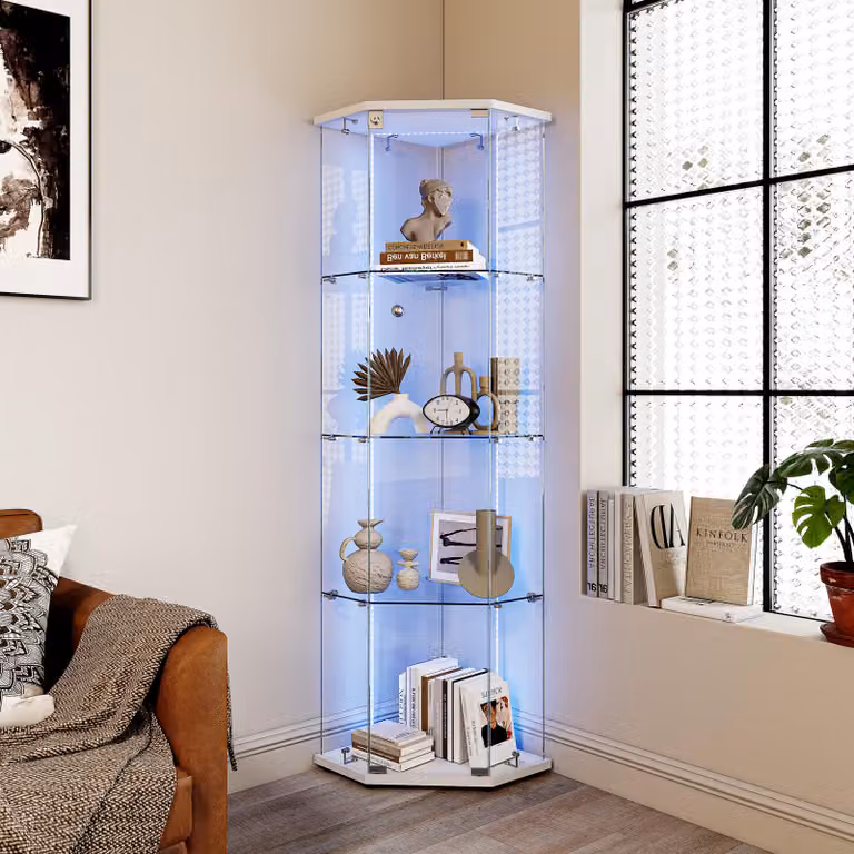 ProximaX Moderno armadio pentagonale con porta singola e 4 ripiani, illuminazione a LED, armadi angolari salvaspazio per soggiorno o corridoio, bianco