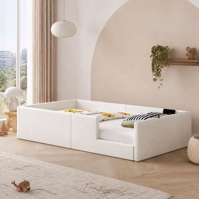 Letto singolo imbottito 90 × 200 cm con barriera, ricarica USB e tipo C, senza materasso, in MDF e PU, bianco