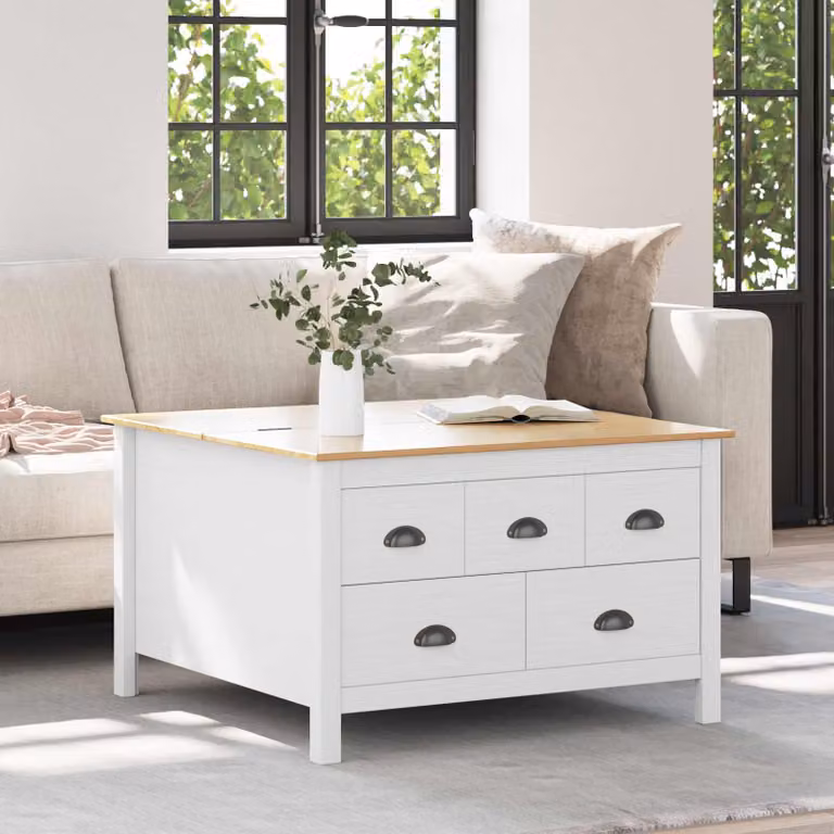 vidaXL Tavolino da salotto HILL con cassetto in legno di pino, Bianco e marrone miele, L 79,5 x P 79,5 x H 49 cm