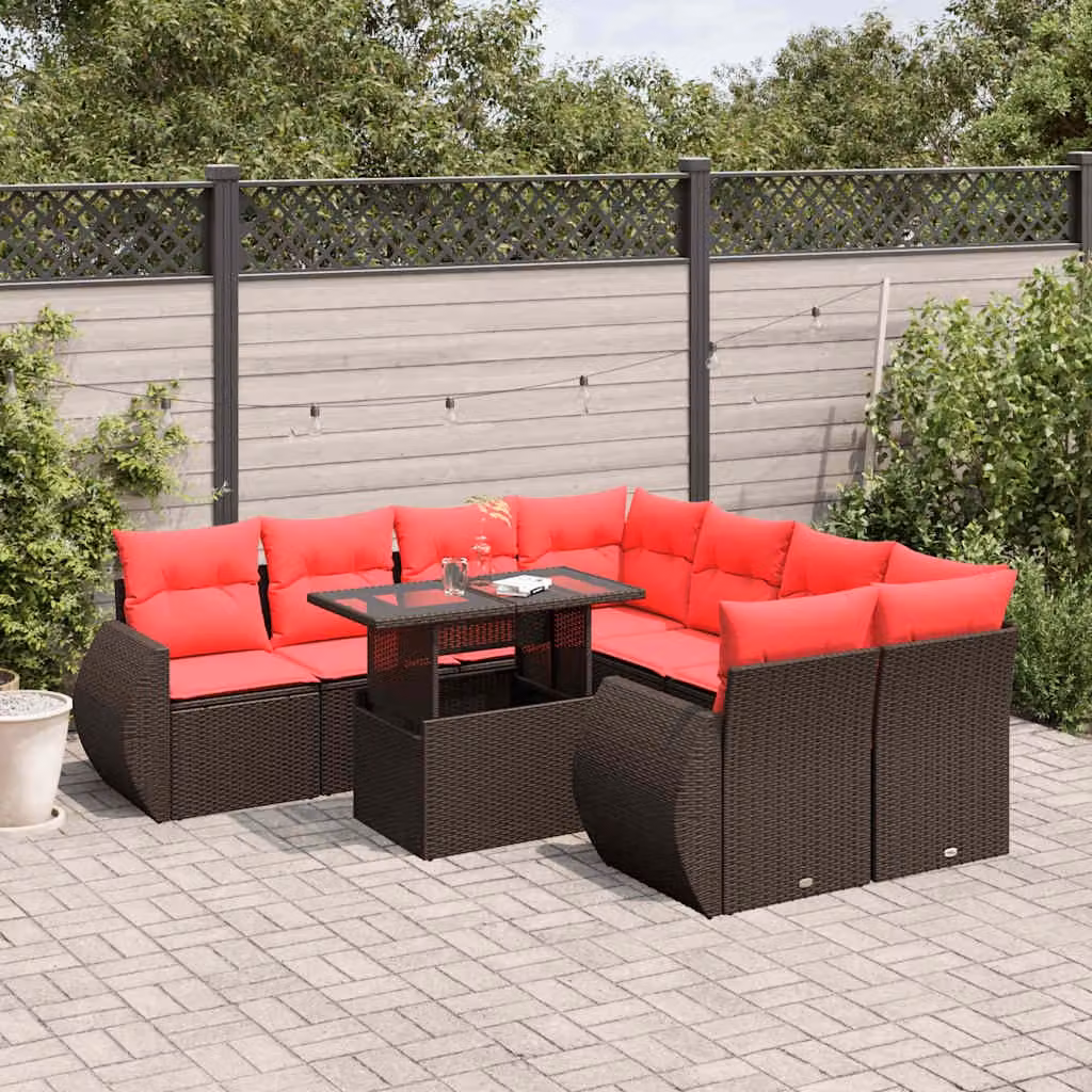 Set Divani da Giardino vidaXL 9 pz in Polyrattan Marrone con Cuscini e Tavolino da Esterno a Forma di L