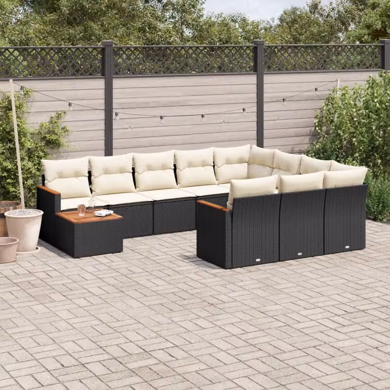 vidaXL Set Divani da Giardino 11 pz in Polyrattan Nero con Cuscini e Tavolino da Esterno