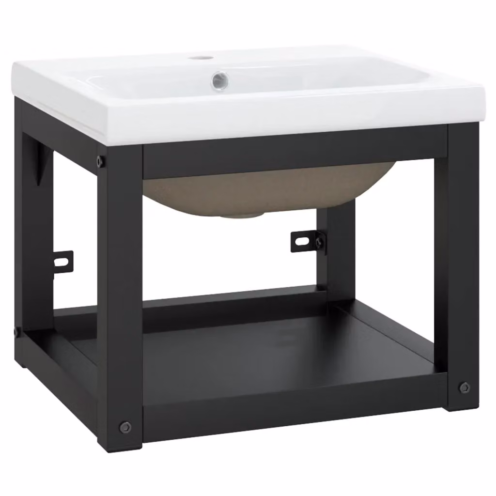 Lavabo da bagno moderno vidaXL con telaio in metallo nero e lavabo in ceramica bianca a parete L: 40 cm, P: 31 cm, H: 38 cm – 2