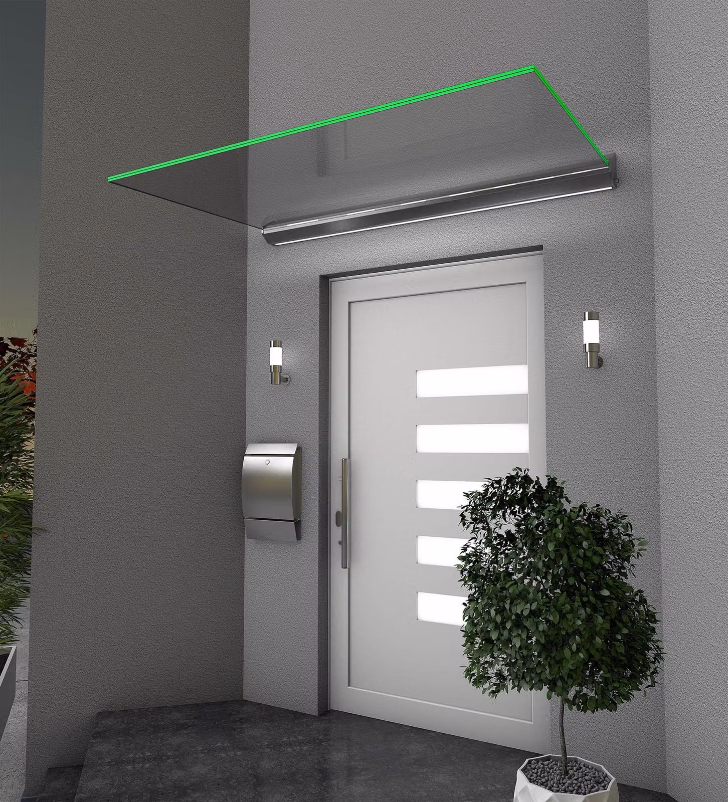 Tettoia in vetro temperato Gutta con illuminazione LED, dimensioni 160x93,5 cm, vetro stratificato 2 x 8 mm, trasparente