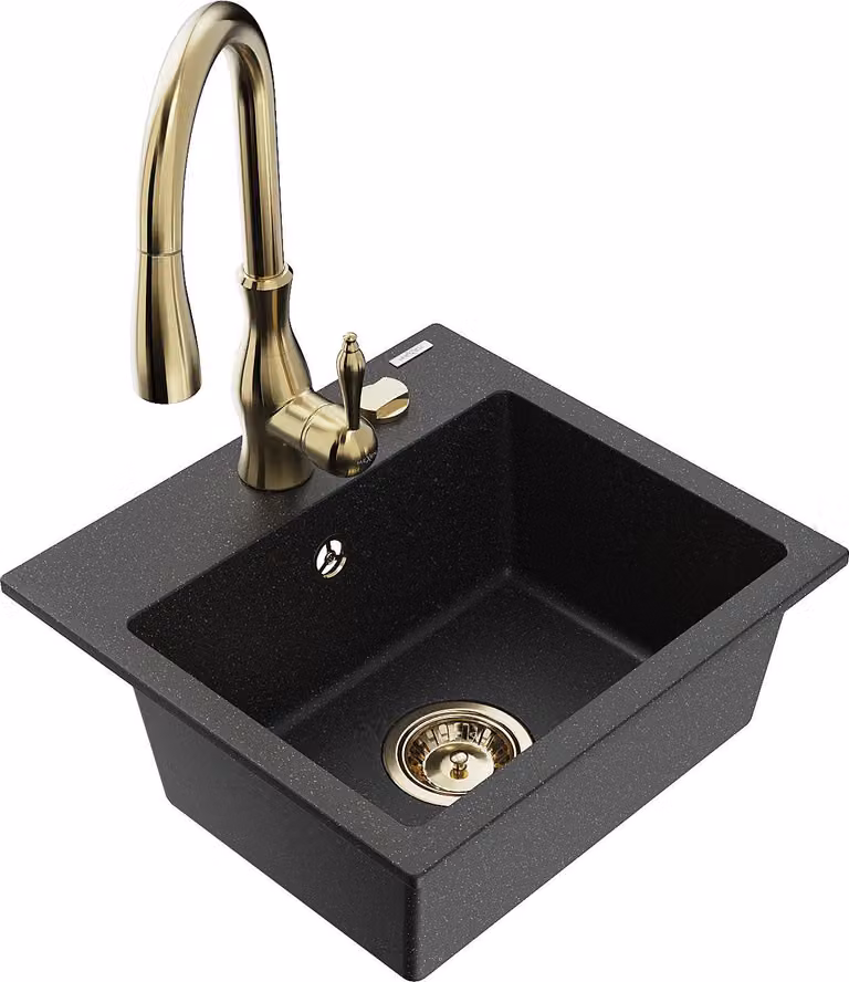 Mexen Milo lavello in granito a 1 vasca con rubinetto da cucina Savita, nero/argento metallizzato- 6505-73-672601-50