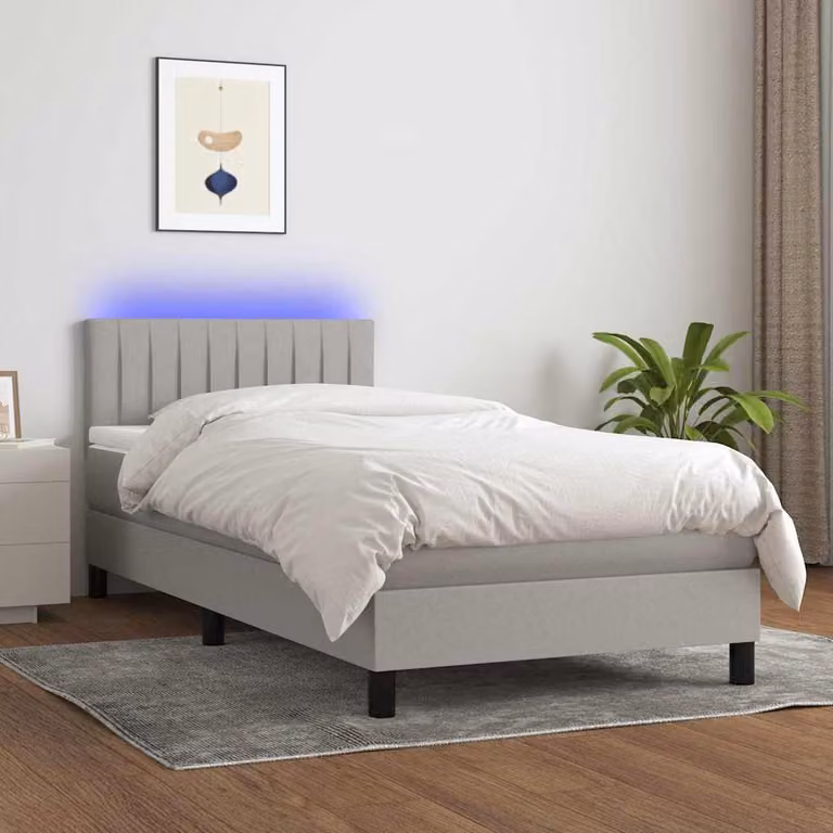 Letto a molle con materasso e illuminazione LED vidaXL in tessuto grigio chiaro, L/P: 90 x 190 cm