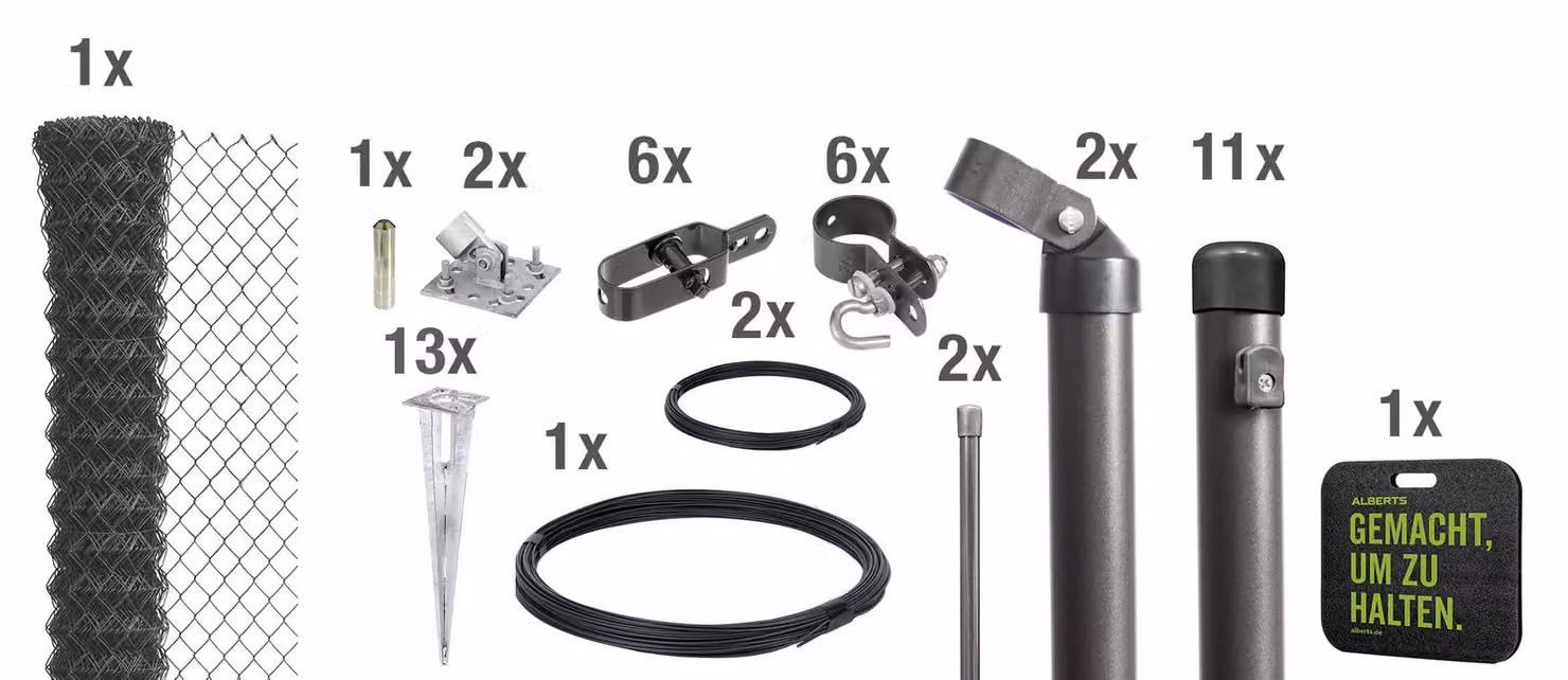 Alberts 690977 Recinzione in rete metallica come set completo di recinzione, con manicotto a terra carrabile e cuscino per le ginocchia, antracite metallizzato, altezza 150 cm, lunghezza 25 m