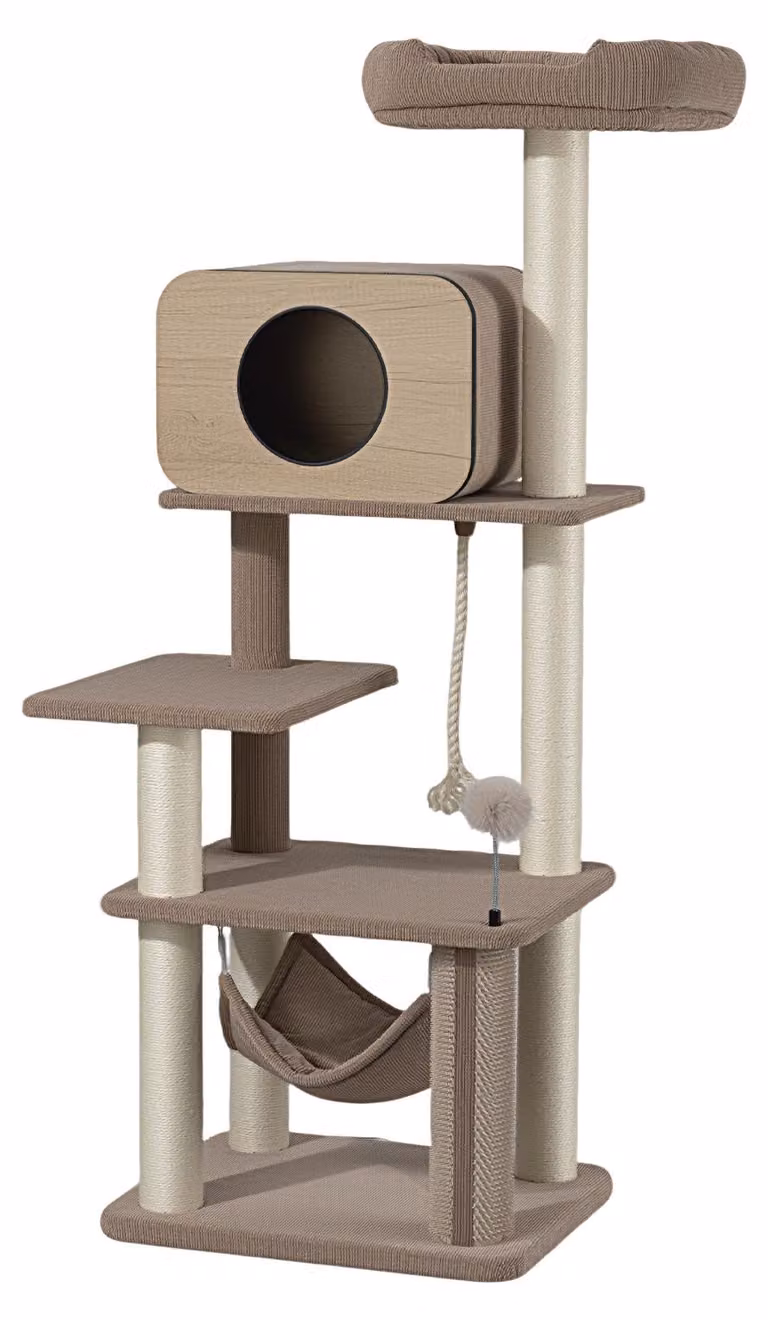 Albero per gatti "Fudajo Forest Oak" da 152 cm, color beige, con rifugio per gatti, amaca e sisal. Albero per gatti con elemento massaggiante