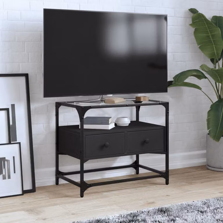 Mobile TV vidaXL in stile industriale con piano in vetro nero e struttura in legno e metallo, L/P/H: 60 x 35 x 51 cm
