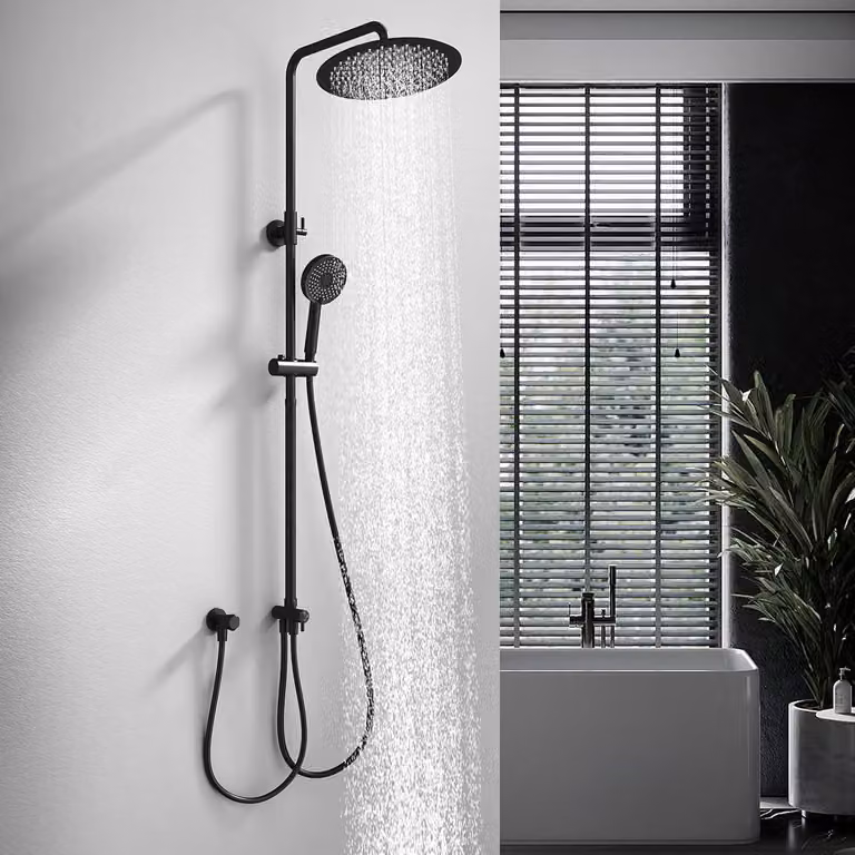 Sistema doccia a soffitto senza miscelatore, diametro 300 mm, rotondo, con altezza regolabile, 3 tipi di getto, acciaio inossidabile, nero, per
