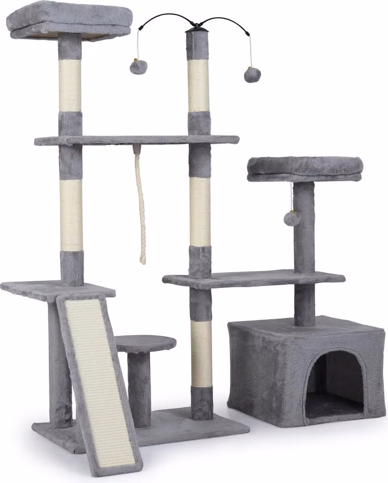 Tiragraffi con design girevole, cuccia e rampa, grigio chiaro
