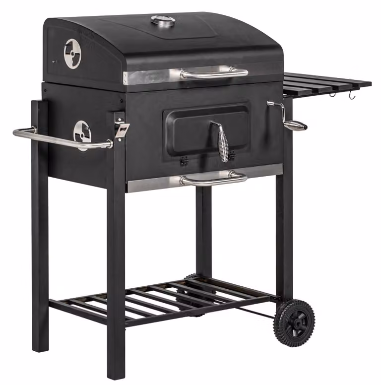 Moonbite, barbecue a carbone, dimensioni 113 x 65 x 108 cm, barbecue da esterno con termometro sul coperchio, vano per il carbone accessibile tramite manovella, griglia riscaldante, 2 ruote, acciaio inossidabile, colore nero