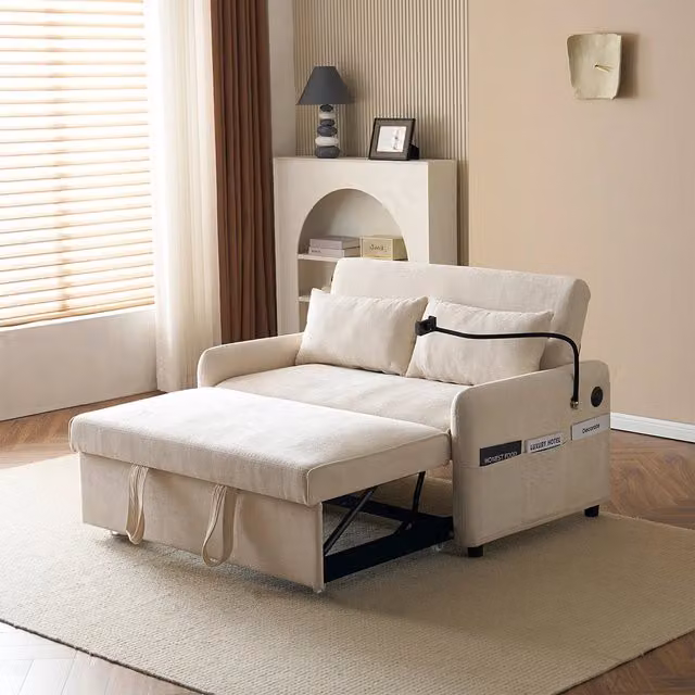 Divano letto 2 posti pieghevole - Xylo - Schienale regolabile supporto per cellulare porta di ricarica USB beige