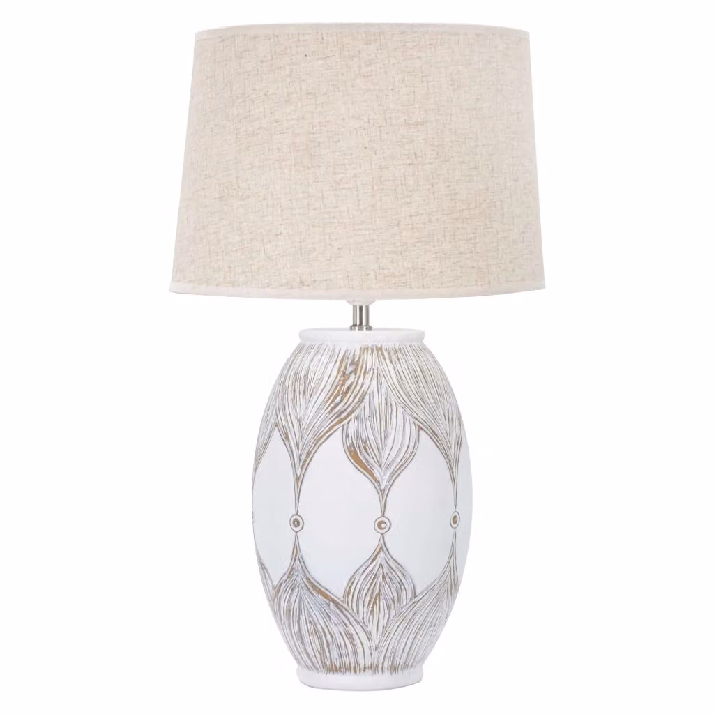 Lampada da tavolo Batabaga in ceramica e tessuto, bianco e beige, con lampadina E27 sostituibile – 2