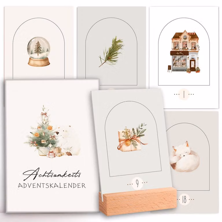Calendario dell'Avvento per donne, con 24 esercizi di mindfulness. Calendario da scrivania, realizzato in cartoncino con stampa a rilievo, peso 350 g/m²