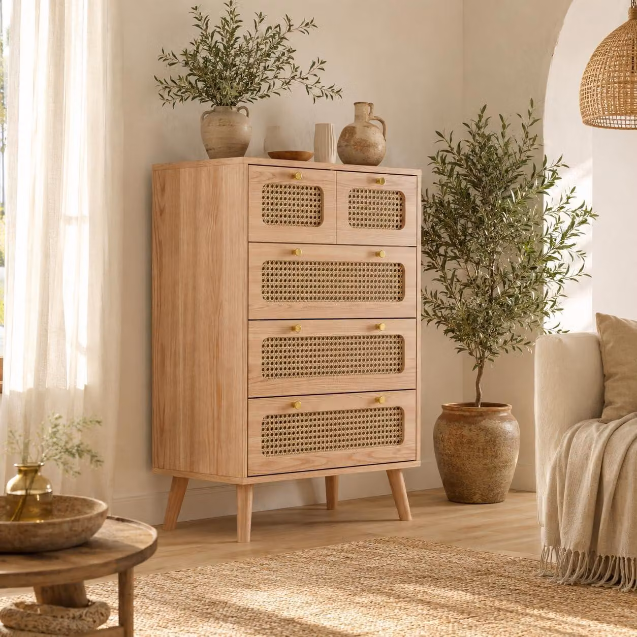 INONEFT, mobiletto contenitore in rattan con cassetti, con sistema antiscivolo, comò con 5 cassetti, ideale per la camera da letto, il soggiorno, realizzato in legno