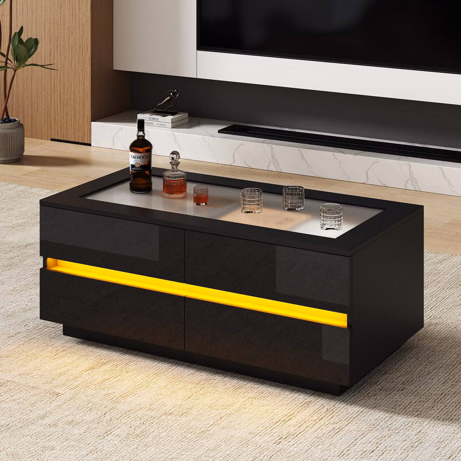 Tavolino STILVORA con 4 cassetti e illuminazione LED, piano in vetro temperato, tavolino da salotto laccato lucido, capacità fino a 35 kg, colore nero