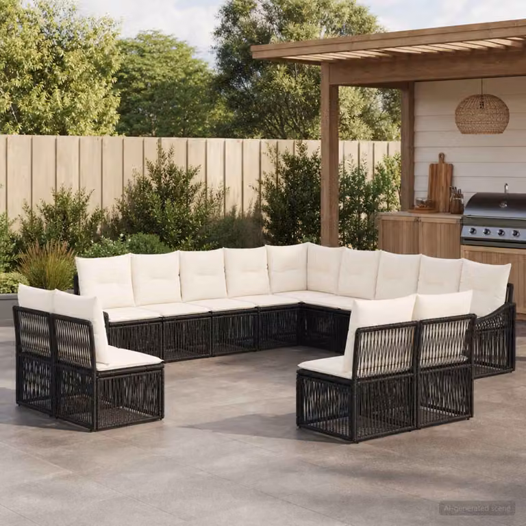 Set Divano da Giardino vidaXL a forma a U in Polyrattan Nero con Cuscini e Struttura in Acciaio