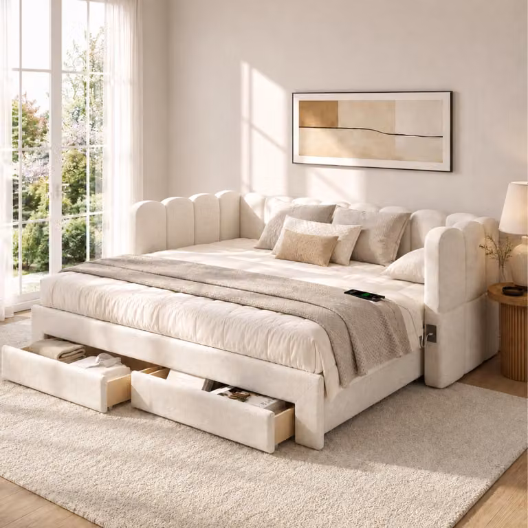 Letto imbottito 90x200 cm, estendibile a 180x200 cm, con 2 cassetti, porta USB e porta di tipo C, rete a doghe, rivestimento in lino color beige