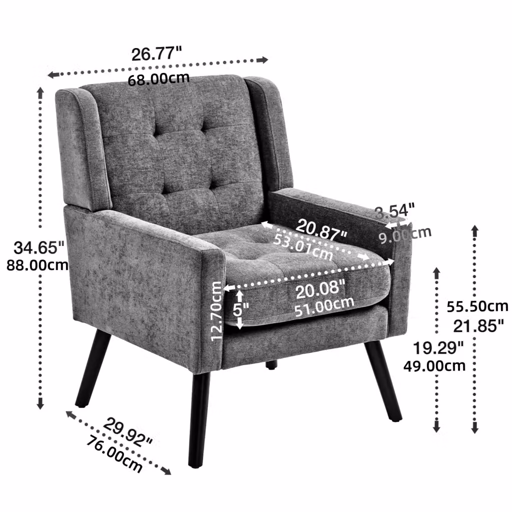 Poltrona moderna REDOM imbottita in tessuto con braccioli e gambe in legno, colore grigio e nero – 2