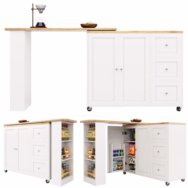 Isola da cucina su ruote, tavolino girevole a 360° in MDF bianco, dimensioni 135–203 x 39 x 104–106 cm, con tre cassetti e ripiano per snack