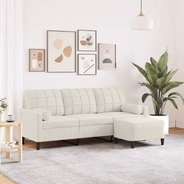 Divano a 3 posti con poggiapiedi vidaXL in velluto beige con struttura in metallo e imbottitura in schiuma L: 197 cm, P: 80 cm, H: 77 cm