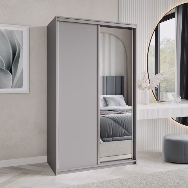 Armadio scorrevole Masseno TAVI 120/205/60 cm Armadio con cassetti Armadio per camera da letto a 2 ante con specchio Colore grafite + satinato