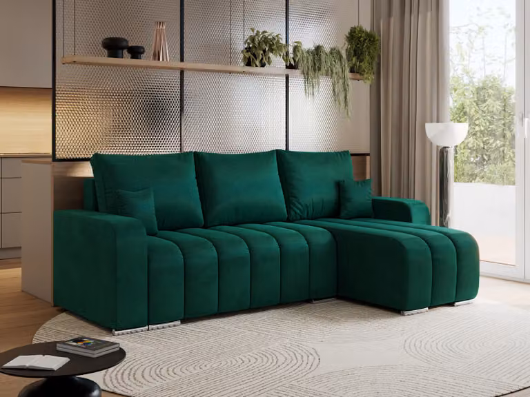 MKS MEBLE Divano letto - Divano ad angolo con funzione letto e contenitore - Divano a 3 posti - Divano letto - Divano - Divano letto con contenitore - Kirasso L - Verde scuro in velluto