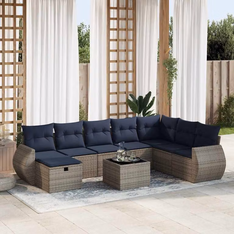 Set Divano da Giardino a L vidaXL 9 pz in Polyrattan con Cuscini e Tavolino, Grigio e Blu