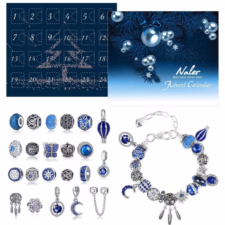 Calendario dell'Avvento con gioielli, 24 pezzi, blu, perline di vetro con catene e braccialetto
