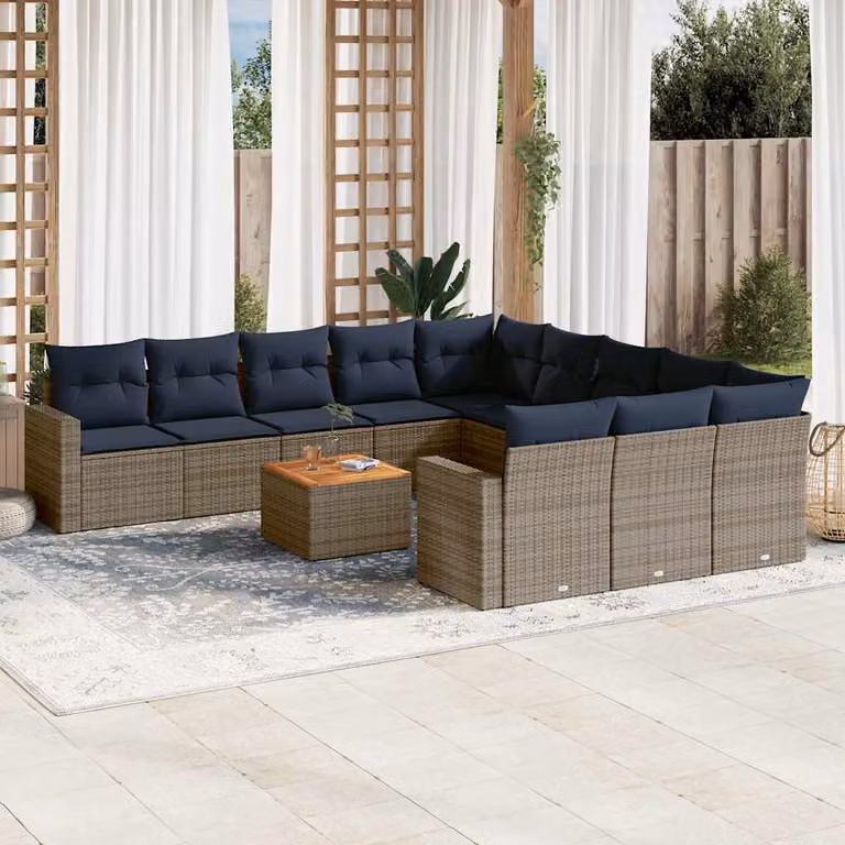vidaXL Set di Divani da Giardino a Forma di U composto da 12 Pezzi con Cuscini in Polyrattan e Legno di Acacia Grigio e Blu