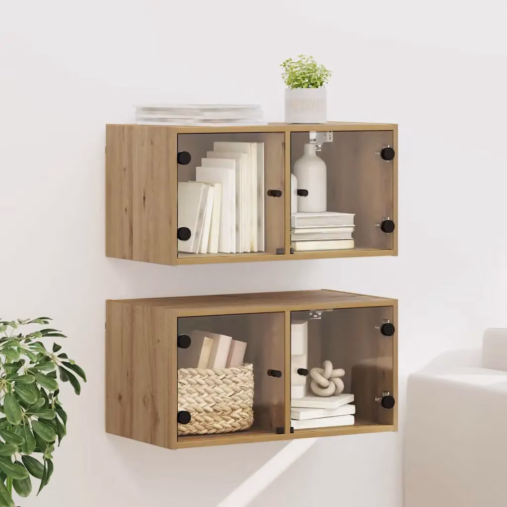 Set di 2 armadi da parete moderni vidaXL in legno e vetro marrone L 68 cm x P 37 cm x H 35 cm