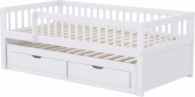 Divano Letto in Legno Massiccio 90x200 cm con Sicurezza Completa e Letto Estraibile con 2 Cassetti, in Bianco