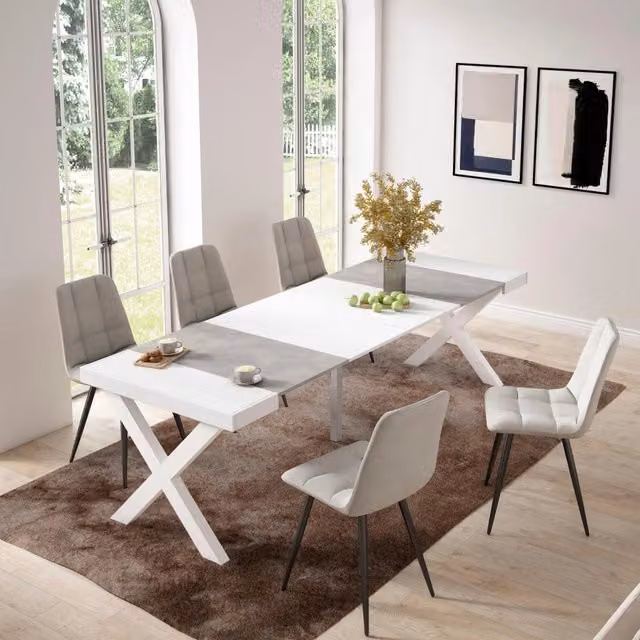 Consolle allungabile, 58 fino 262x90x73cm, Per 12 persone, Gambe in legno, Bianco e grigio cemento RF2815