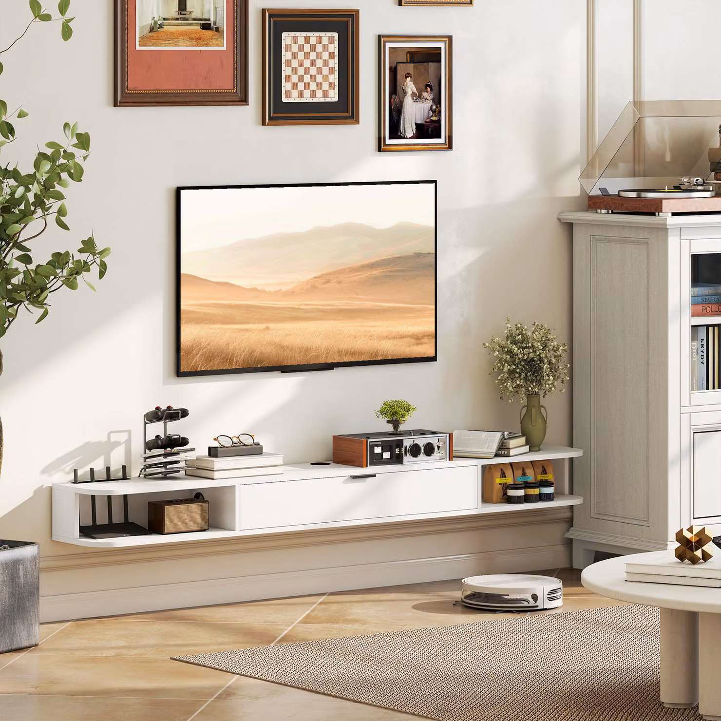 Mobile TV sospeso HOMCOM bianco con cassetto ribaltabile e 2 ripiani, L: 180 cm, P: 24 cm, H: 16 cm – 2