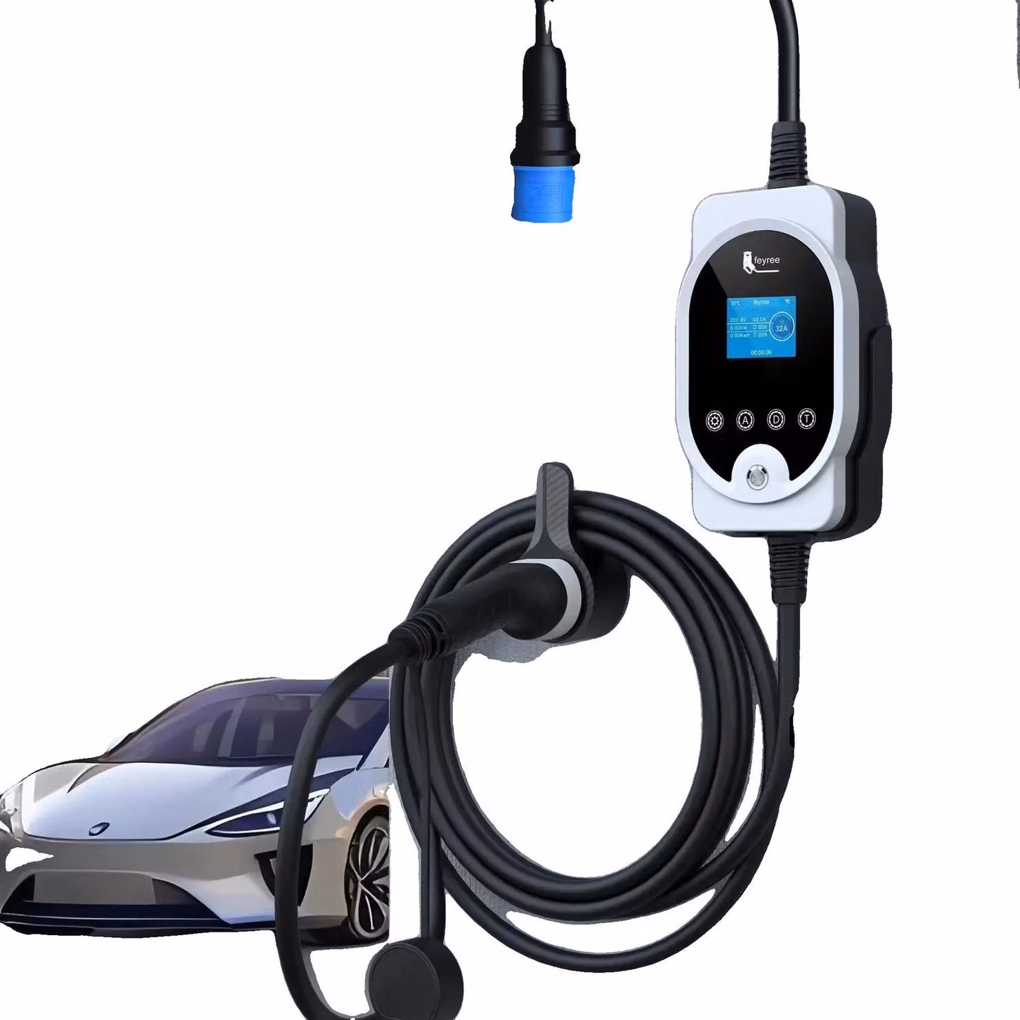 Caricabatterie portatile per veicoli elettrici, con una potenza di 7 kW, corrente massima di 32A, grado di protezione IP66, lunghezza del cavo di 5 metri, tensione di esercizio da 85V a 264V