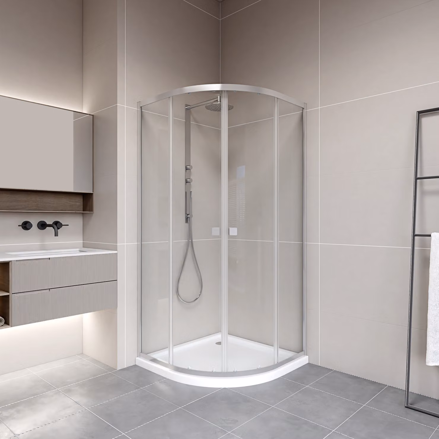 Cabina doccia 90x90 MARWELL LEEDS II cromo - 90x90x190 - Doccia rotonda con porte scorrevoli - Profili in alluminio di alta qualità