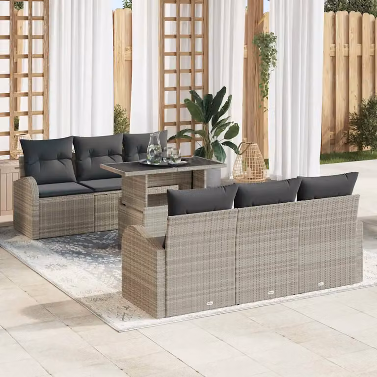 Set Divano da Giardino vidaXL 7 pz Grigio con Cuscini e Tavolino in Acciaio Verniciato a Polvere